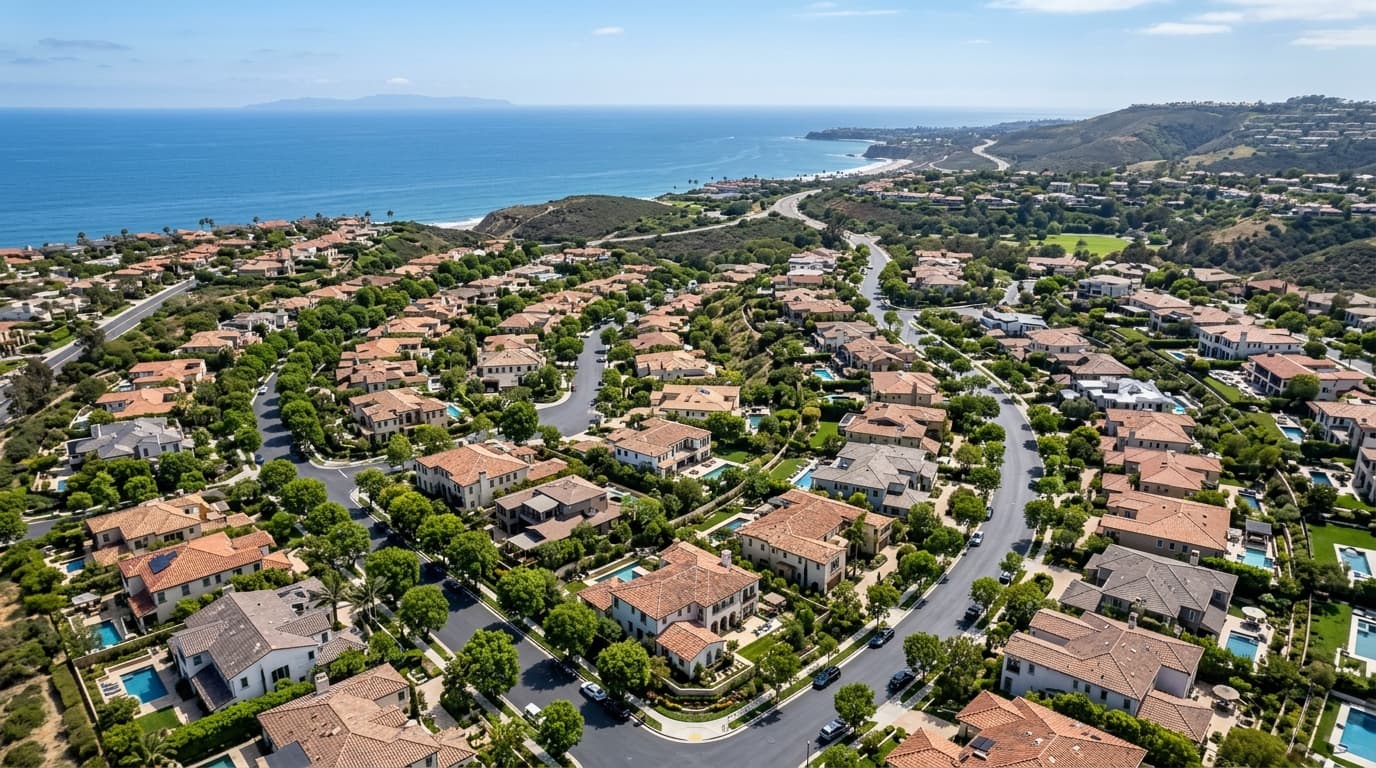 Aerial view of a Southern California residential neighborhood with tree-lined streets