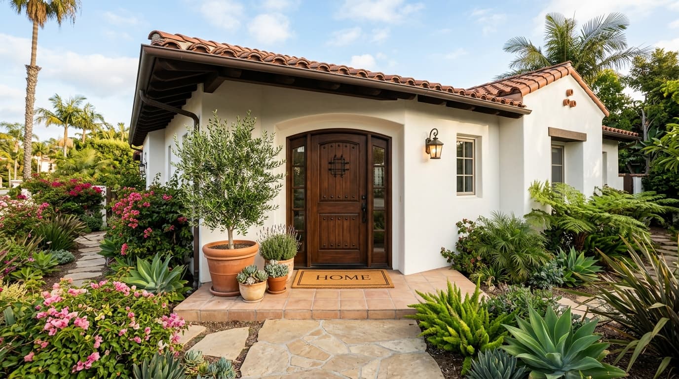 Front door of a cozy Southern California home with a welcome mat and potted plants