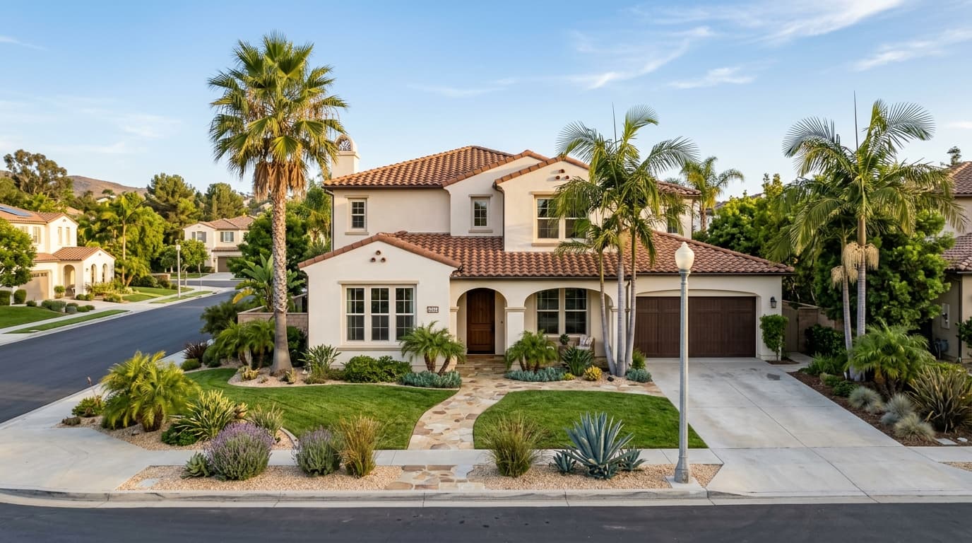 Sunlit Southern California single-family home with a tidy front yard and palm trees