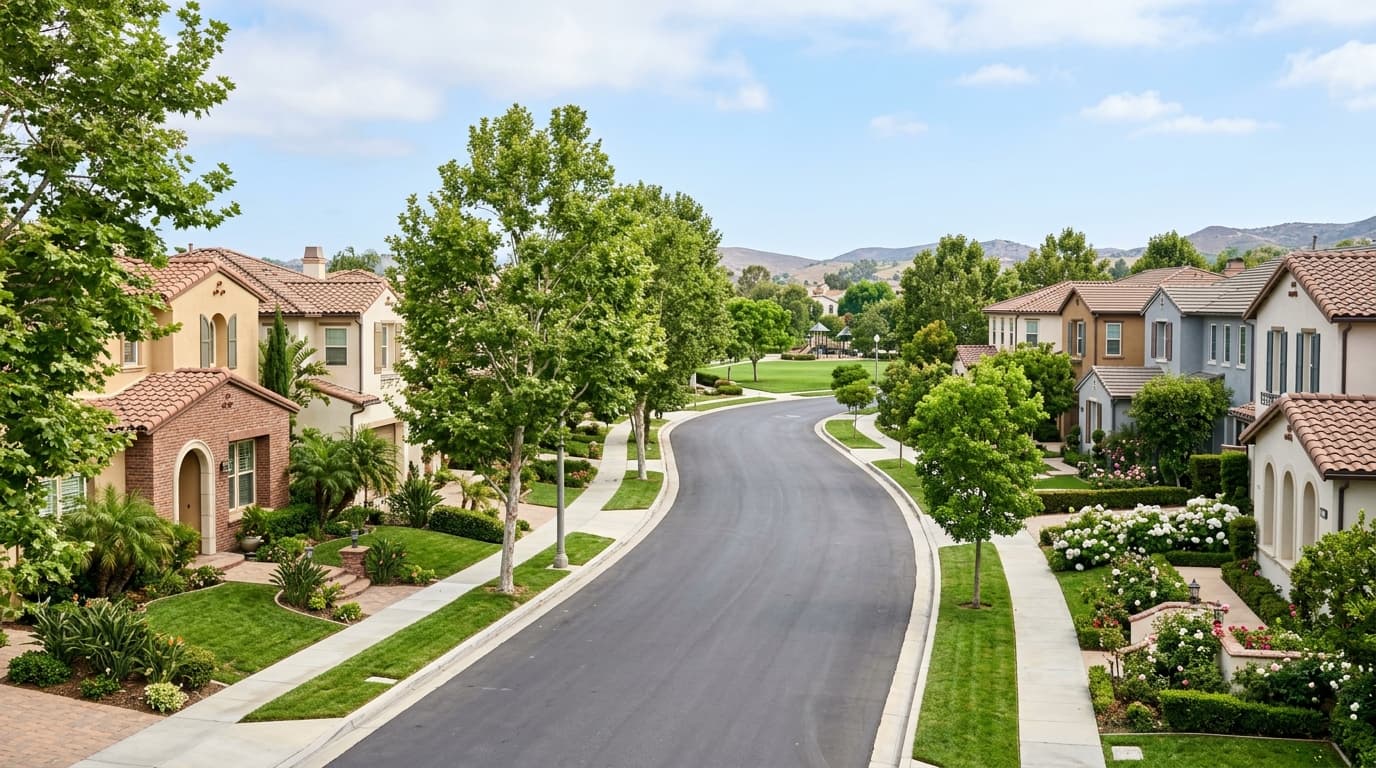 Quiet Southern California residential street with mature trees and a neighborhood park in the distance