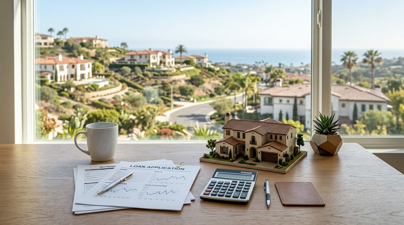 Desk with a calculator, loan documents and a small model house representing mortgage planning